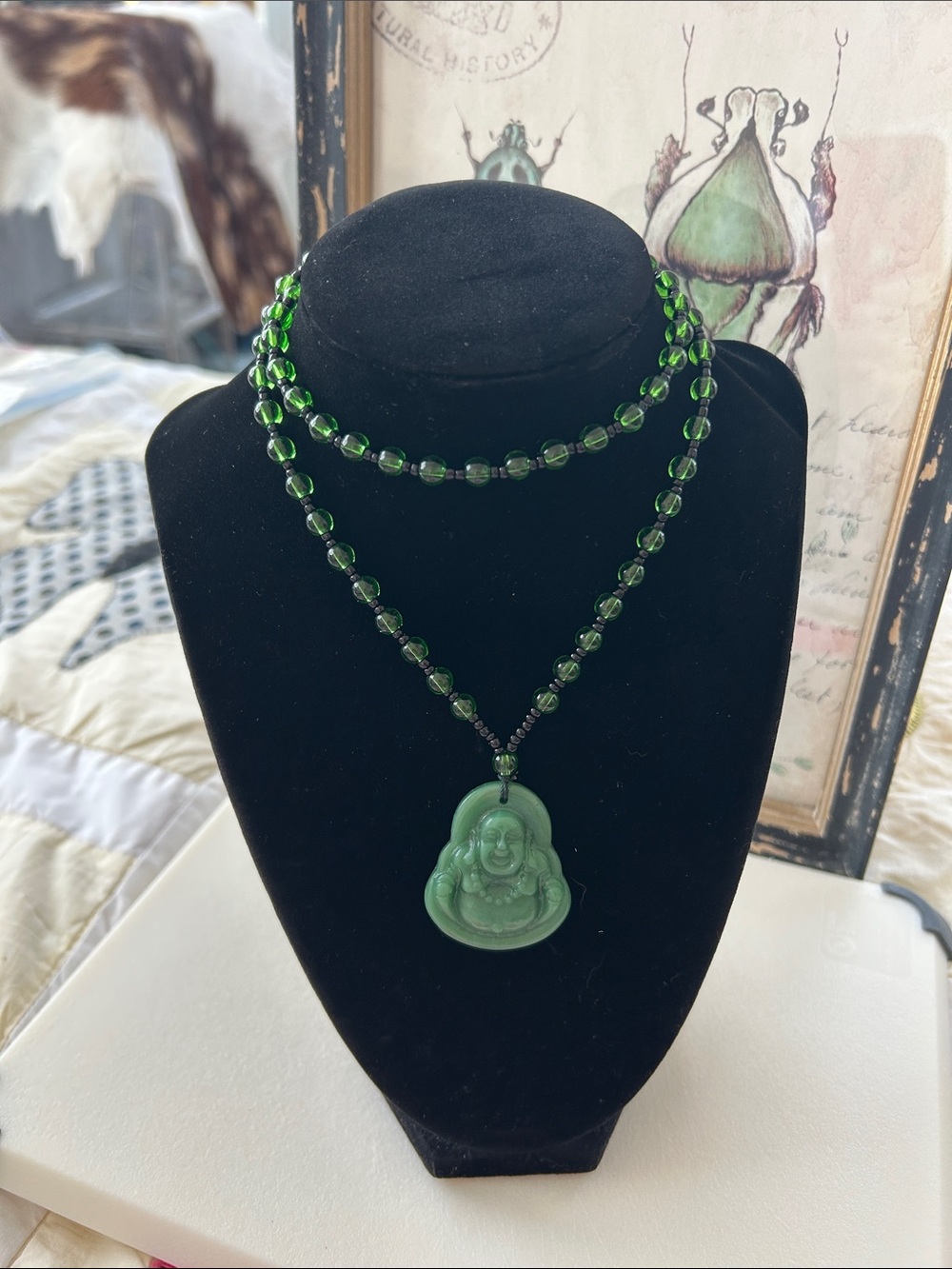 Green/Black Beaded Buddha Pendant Necklace 25” Buddha 1.75”x 1.25” & Pouch NWT